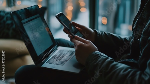 Searching the Internet for with Laptop and Smartphone in Hands 