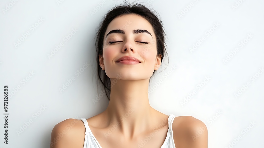 Serene and Radiant Woman in Peaceful Pose on White Background Serene and Radiant Woman in Peaceful Pose on White Background