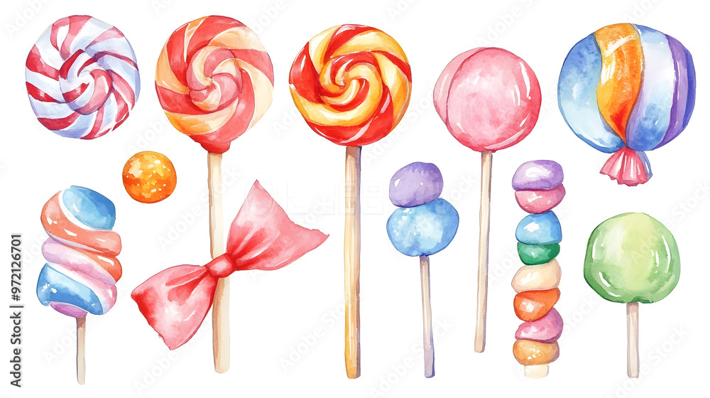 Lollipop with rainbow spiral colors, twisted sucker candy on stick watercolor collection isolated on white background Lollipop with rainbow spiral colors, twisted sucker candy on stick watercolor collection isolated on white background