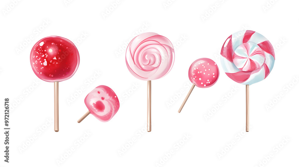 Lollipop with spiral pink colors, twisted sucker candy on stick watercolor collection isolated on white background Lollipop with spiral pink colors, twisted sucker candy on stick watercolor collection isolated on white background
