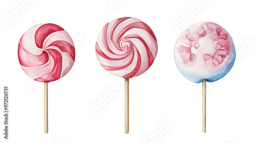 Lollipop with spiral pink colors, twisted sucker candy on stick watercolor collection isolated on white background