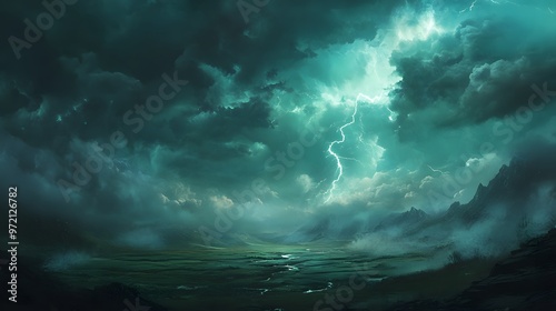 A stormy landscape with a single lightning strike over mountains and a river.