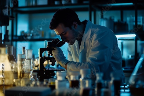 Science researcher analyzing samples under microscope amidst laboratory equipment and instruments