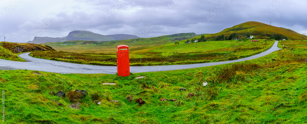 Countryside landscape, with a red phone box, Skye