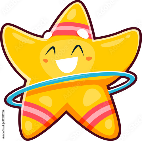 Cute kawaii fitness star character with hula hoop, cartoon vector. Funny star emoji or kawaii smile emoticon character with happy smiling face and hula hoop for kids sport design or party celebration