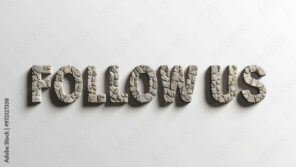 Follow Us word made of stone material lettering on plain white background Follow Us word made of stone material lettering on plain white background