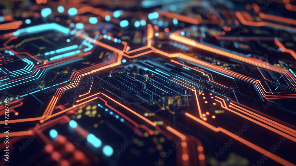Futuristic abstract scene of data transferring on a circuit board, with intricate patterns of light and energy forming an interconnected web of digital pathways and nodes Futuristic abstract scene of data transferring on a circuit board, with intricate patterns of light and energy forming an interconnected web of digital pathways and nodes