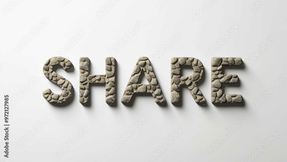 Share word made of stone material lettering on plain white background Share word made of stone material lettering on plain white background