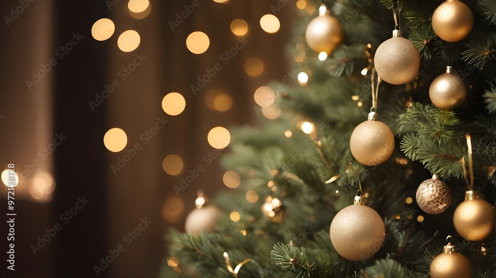 Fototapeta premium Gold Baubles and Warm Glow on a Christmas Tree. golden Christmas lights.