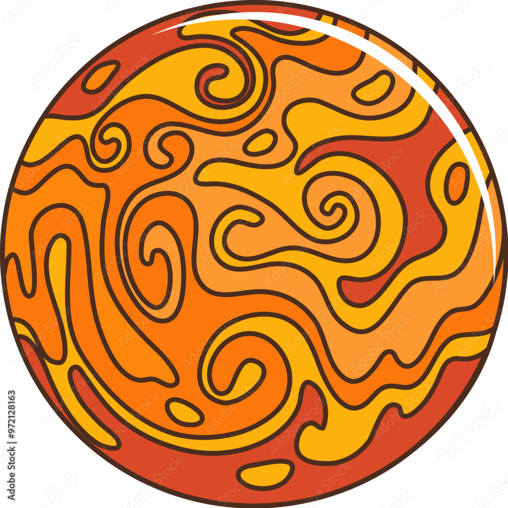 Cartoon groovy space planet with lava surface in galaxy, 70s retro art vector sticker. Groovy alien earth or extraterrestrial galaxy planet in psychedelic fire flow for funky disco and rave music