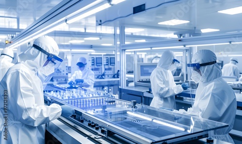 People working and researching in a dust-free and sterile production workshop