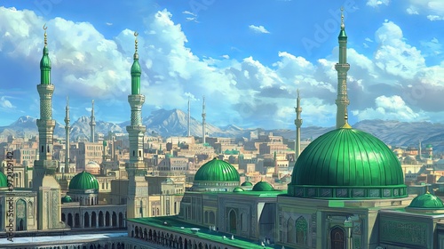 A happy birthday greeting card featuring the green dome and minaret of the Prophet's Mosque. It celebrates the birthday of Prophet Muhammad. photo