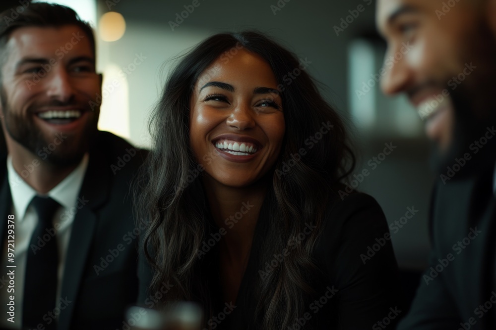 Fototapeta premium close-up photo of business team laughing during office meeting, showcasing the positive work culture at their company