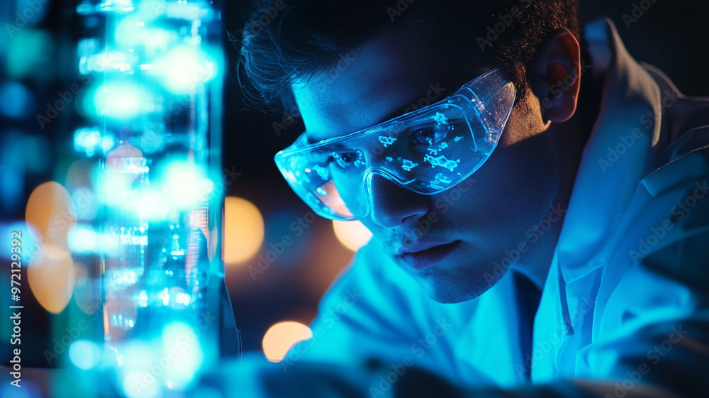 Young scientist conducts experiments with glowing liquids in a lab during nighttime Young scientist conducts experiments with glowing liquids in a lab during nighttime