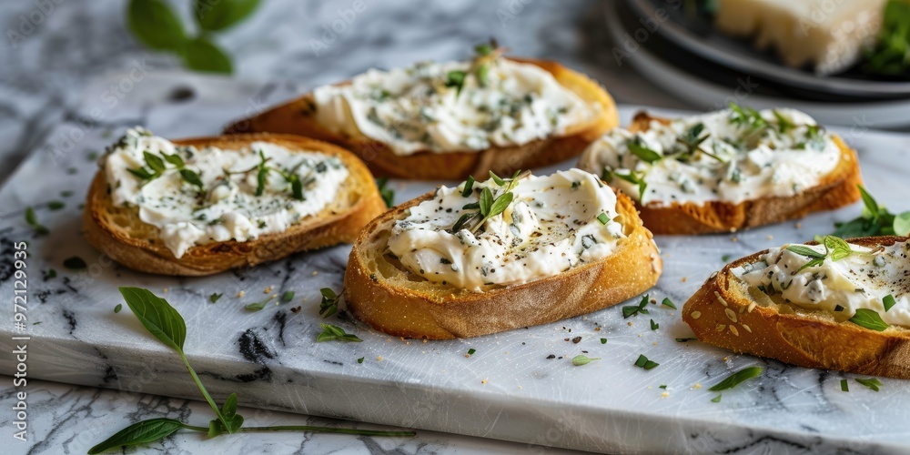 Sliced baguette with cream cheese and herbs arranged on a marble serving platter. Sliced baguette with cream cheese and herbs arranged on a marble serving platter.