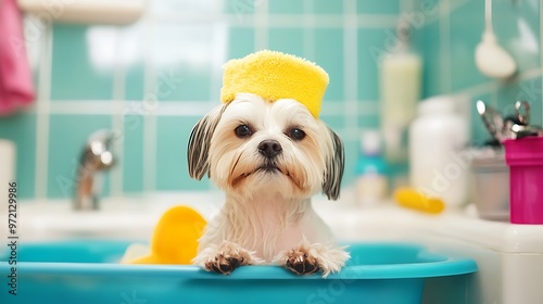 Vibrant Scene of Dog Grooming Tools and Groomer Emphasizing Animal Health and Wellness  photo