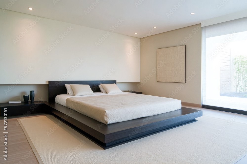 Modern bedroom with an elegant low profile bed, minimalist decor window lighting and ample copyspace. Stylish resting interiors composition. Modern bedroom with an elegant low profile bed, minimalist decor window lighting and ample copyspace. Stylish resting interiors composition.