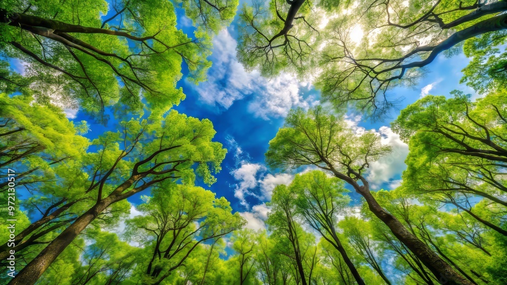 Fototapeta premium A lush canopy of vibrant green trees stretches towards a brilliant blue sky, adorned with soft white clouds