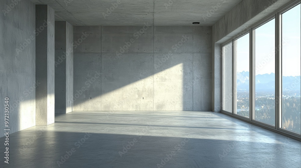 3D visualization of a vacant room with concrete walls, offering a clean and simple interior design. 3D visualization of a vacant room with concrete walls, offering a clean and simple interior design.