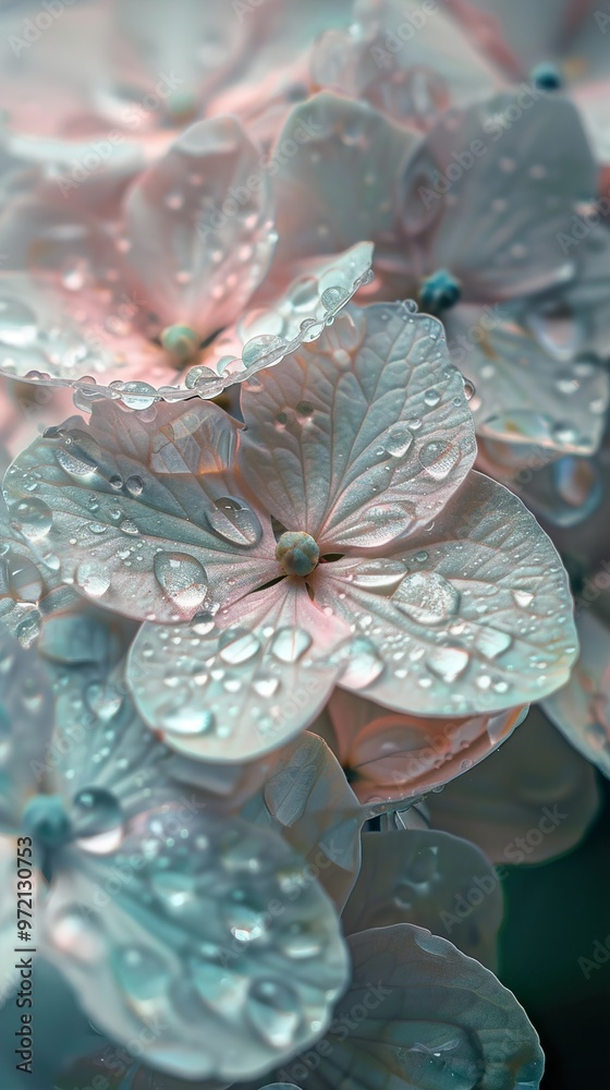 Close Up of Delicate Hydrangea Petals with Dew Drops Close Up of Delicate Hydrangea Petals with Dew Drops