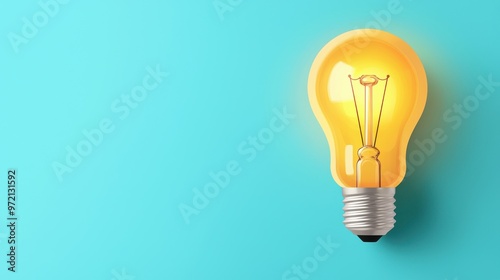 A bright yellow light bulb illuminated on a turquoise background, symbolizing ideas, creativity, and innovation.