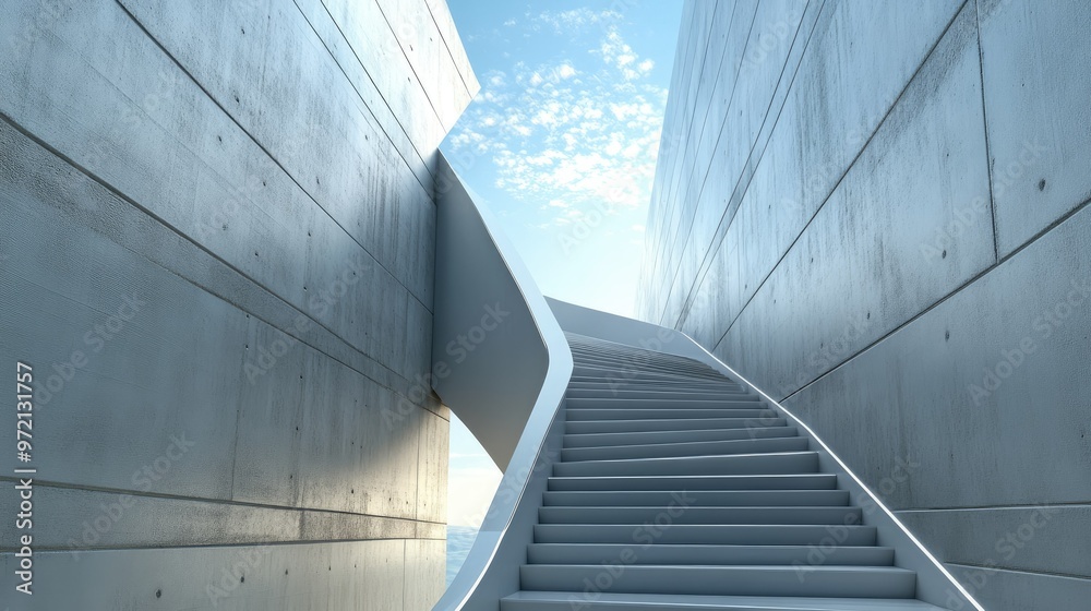 Fototapeta premium A modern, innovative staircase design with sleek lines ascending toward the sky. The abstract architectural design evokes futurism and progress