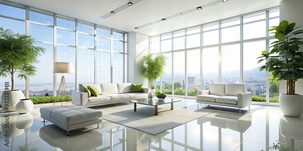 A minimalist space boasting a pristine white floor, walls, and modern furniture, illuminated by abundant natural light A minimalist space boasting a pristine white floor, walls, and modern furniture, illuminated by abundant natural light