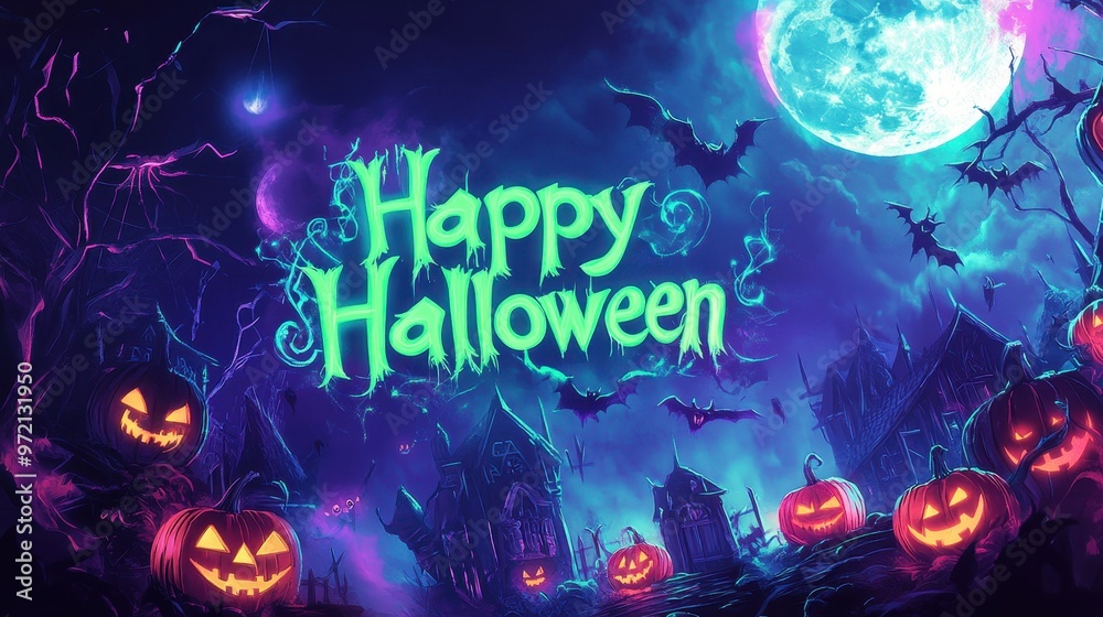 Fototapeta premium The Halloween banner showcases neon green Happy Halloween text, glowing jack-o'-lanterns, witches, and a full moon against a dark backdrop