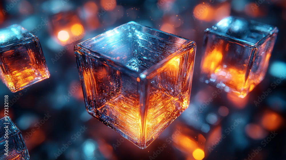 Close-up of glowing, translucent cubes with a blue and orange color scheme. Close-up of glowing, translucent cubes with a blue and orange color scheme.