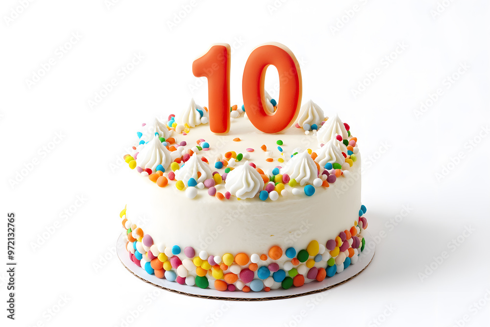 Celebration birthday cake with number 10 candle isolated on white background Celebration birthday cake with number 10 candle isolated on white background