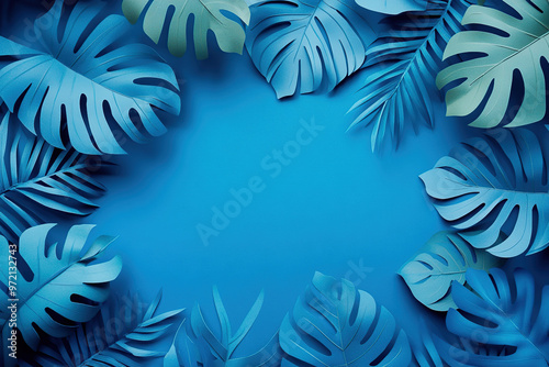 Blue background with tropical leaves in paper cut style