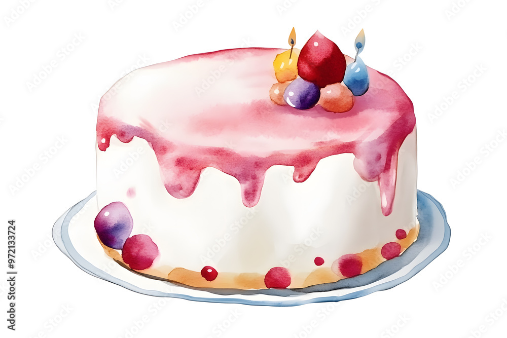 Birthday cake with red berries and candles watercolor illustration isolated on white background Birthday cake with red berries and candles watercolor illustration isolated on white background