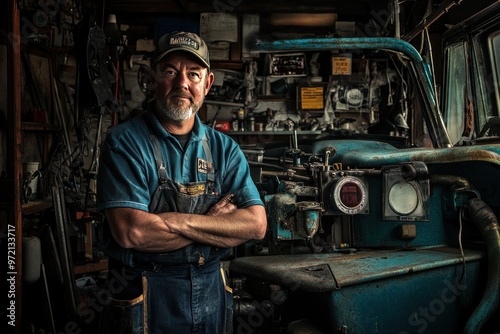 A Mechanic Leaning Against a Rusted, Teal-Colored Vehicle in a Garage