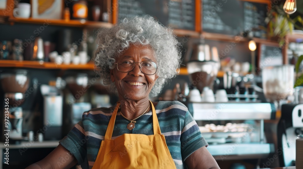 Portrait of happy grey haired african american mature female barista in cafe