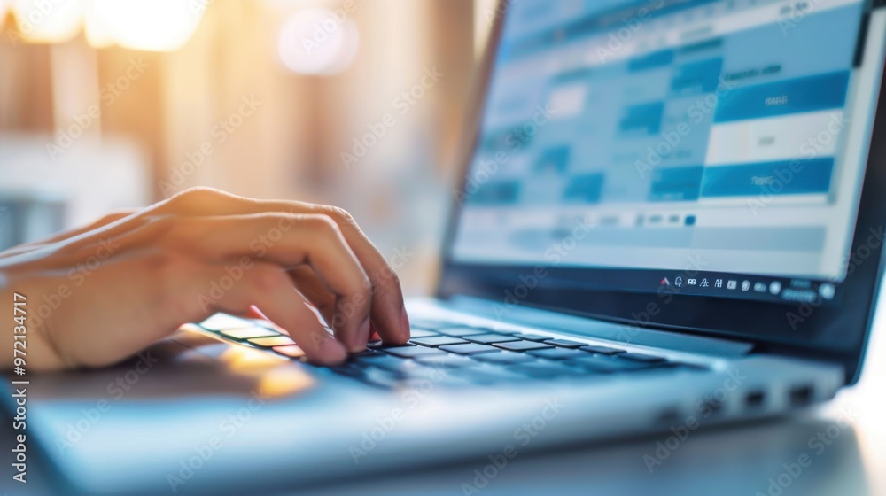 A close-up of a person typing on a laptop with a spreadsheet on the screen, symbolizing productivity and modern workspace. A close-up of a person typing on a laptop with a spreadsheet on the screen, symbolizing productivity and modern workspace.