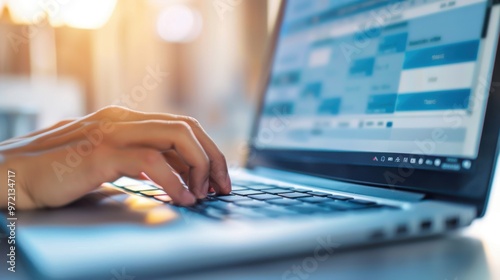 A close-up of a person typing on a laptop with a spreadsheet on the screen, symbolizing productivity and modern workspace. photo