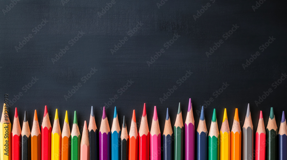 Colorful pencils in front of a blank blackboard. Back to school concept. Education banner Colorful pencils in front of a blank blackboard. Back to school concept. Education banner