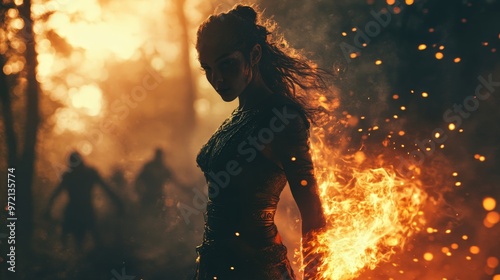 A woman standing in front of a fire in a forest.