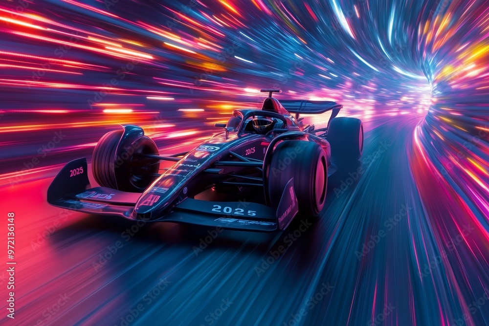 Fototapeta premium f1 competition car moving fast on a race competition with futuristic neon lights trail around