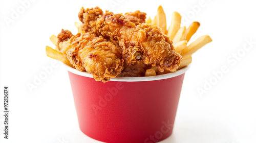 Hot, crispy chicken tenders are served as crunchy strips alongside golden fries, all presented in a small red bucket. The bucket and its contents are isolated against a white background, highlighting 