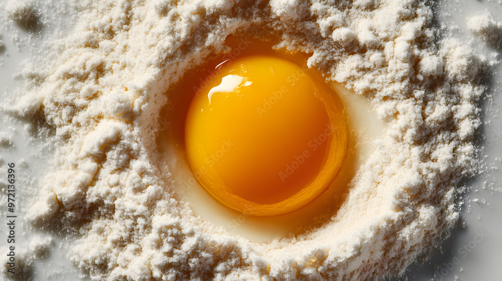 Egg yolk falling on flour top view Egg yolk falling on flour top view