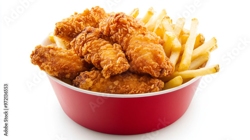 Hot, crispy chicken tenders are served as crunchy strips alongside golden fries, all presented in a small red bucket. The bucket and its contents are isolated against a white background, highlighting 