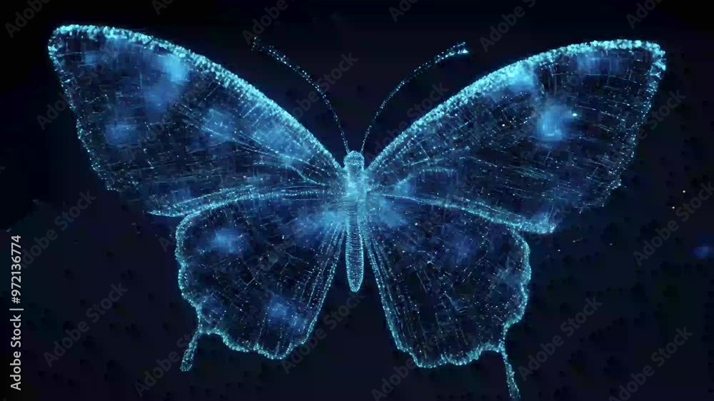 A high-tech digital butterfly featuring glowing circuits and lights on a dark blurred background. Concept of technology and nature fusion