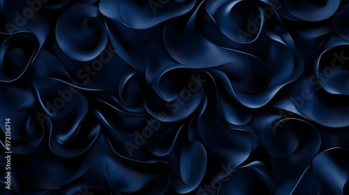 Silver spirals and swirls, dark midnight blue, smooth and glossy texture, seamless digital pattern, abstract elegance. photo