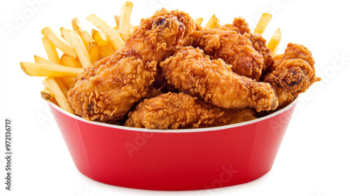 Hot, crispy chicken tenders are served as crunchy strips alongside golden fries, all presented in a small red bucket. The bucket and its contents are isolated against a white background, highlighting 