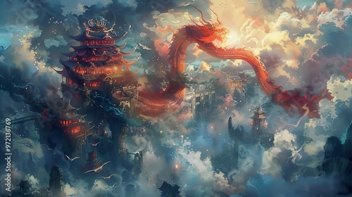 Dragon Soaring Above a Celestial Pagoda