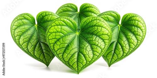 A stunning, heart-shaped plant boasts vibrant green leaves with delicate, intricate veins and a glossy, smooth edge,