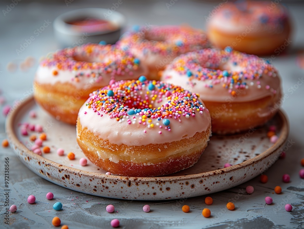 A plate of four donuts with colorful sprinkles on top A plate of four donuts with colorful sprinkles on top