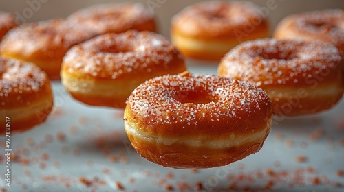 A close up of a donut with powdered sugar on top