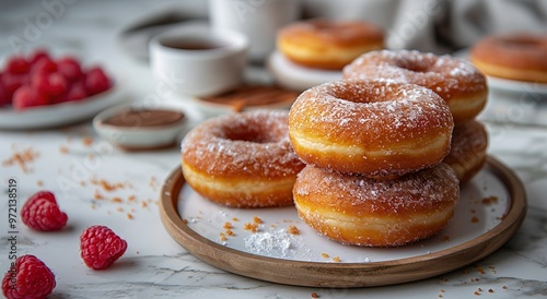 A plate of donuts with powdered sugar and a bowl of raspberries. Delicious dessert background